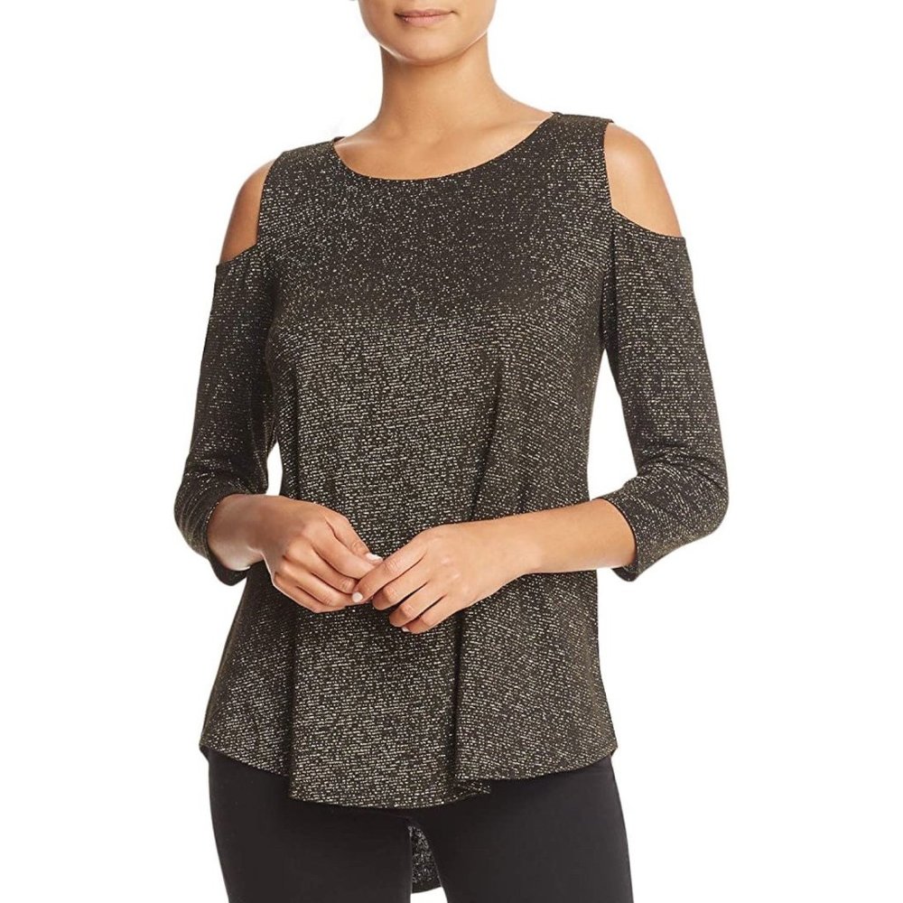 Status by Chenault NEW $78 Metallic Cold Shoulder Top, Gold and Black (Small)